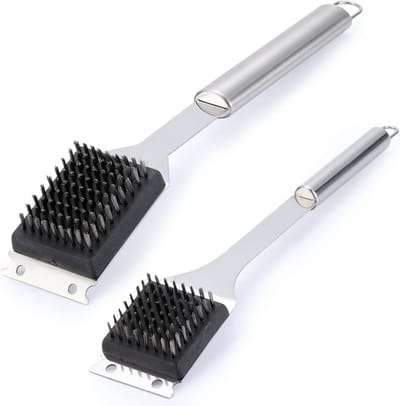 KZQ Set van 2 Roosterborstels met Schraper 16 5 en 14 Inch Roestvrijstaal BBQ Reinigingsborstel Geschikt voor Buitengrill Kookaccessoires Zilver