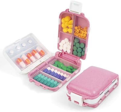 3-laagse pillendoos organizer met 8 compartimenten, draagbare medicijnbox voor vitamines, supplementen en cod liver oil, ideaal voor reizen en werk (roze)