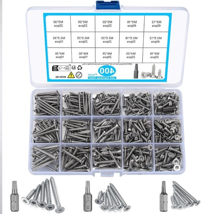 Assortiment van 400 RVS Zelftappende Schroeven met Torx Kop voor Hout en Gipsplaten, M3/M3.5/M4, 12-35mm Lengte