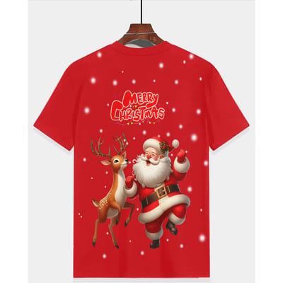 T-shirt de Noël rouge pour enfants avec imprimé Père Noël et rennes adapté aux célébrations de vacances 140