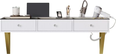 Make-up tafel hangend, met 3 lades, glasplaat, tablet houder en bekerhouder; Wit 120×40×45 cm (B×H×D) (zonder LED-spiegel)
