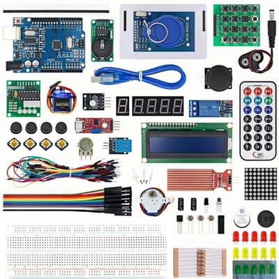 Startpakket voor STEM-elektronicaprojecten met Arduino - Inclusief Mega2560-ontwikkelingsbord, LCD1602-display, servo's, stappenmotoren, sensoren, breadboard, jumpers, weerstanden, condensatoren, transistoren en handleiding - Opbergkoffer