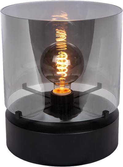 Atmooz Glaz Tafellamp – Ø25 cm – Rookgrijs Glas – Zwarte Eikenhouten Voet – E27 – Sfeerlamp