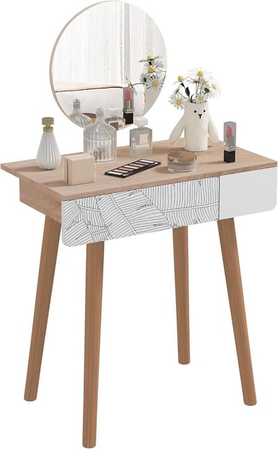 Kaptafel Met Spiegel - Schoonheidstafel Commode - Make-up Zelfzorg - Scandinavisch Design - 70x39x119cm - Wit