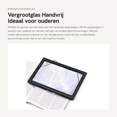 Dailygoods - Vergrootglas - Handvrij - Ideaal voor ouderen - A4 formaat - Met LED verlichting - Geschikt voor lezen en hobby's