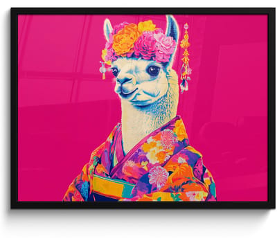 Poster in lijst - Fotolijst 70x50 cm - Posters - Lama - Kimono - Bloemenkrans - Felroze - Posterlijst zwart - Decoratie - Wanddecoratie woonkamer - Muurdecoratie slaapkamer