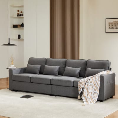 Gutent Sofa, Linnen Stof, 4-zitsbank met Armleuningen, Zakken en 4 kussens, Minimalistische bank, Donkergrijs