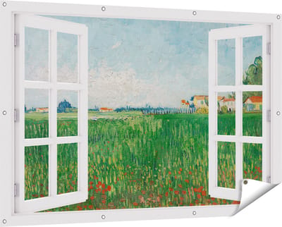 Gards Tuinposter Doorkijk Veld met Klaprozen - Vincent van Gogh - 150x100 cm - Tuindoek - Tuindecoratie - Wanddecoratie buiten - Tuinschilderij