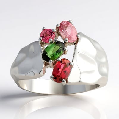 Cavill - Zilveren Ring - 925 Sterling Zilver - Braziliaanse Groene en Roze Toermalijn - 0,67 ct - Ovaal Slijpsel - Moderne Kleurrijke Ring Dames