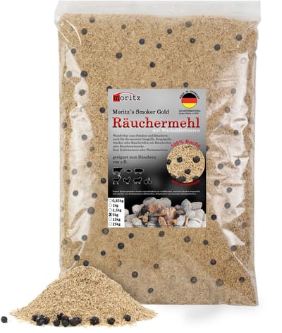 5 kg Moritz Smokers Gold - rookmeel beuk met jeneverbes fijn 0,5 – 1 mm voor koud en warm roken van vis, vlees en meer