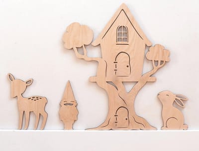 Kabouterhuis, houten sprookjeshuis, houten boomhut, bosdecoratie kinderkamer, babykamer kunst aan de muur, bosdieren decoratie, kinderkamerdecoratie