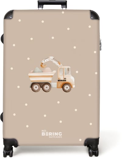 NoBoringSuitcases.com® - Koffer groot - Reiskoffer lichtgewicht - Gele kiepwagen met stenen en stippenpatroon - Rolkoffer met 4 wielen - Grote trolley XL - 98 liter bagage