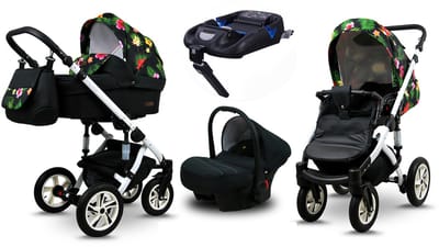 BabyLux® Kinderwagen 4in1 – SKY LARK - Paradise Flowers WHITE FRAME - Opklapbare Wandelwagen incl. Reiswieg, Multifunctionele Buggy Sportstoel, Autostoel, ISOFIX basisstation - Combi-kinderwagen met Luiertas, Regenhoes, Klamboe