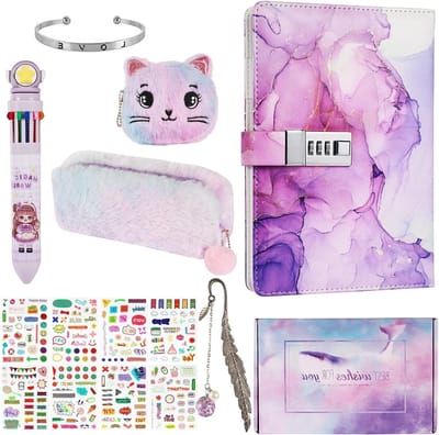 Dagboek met Slot voor Meisjes, Perfecte Cadeaus voor 8 tot 13 Jaar, Journal met Code, Pennen en Stickers, Schoolbenodigdheden en Verjaardagscadeaus in Paars