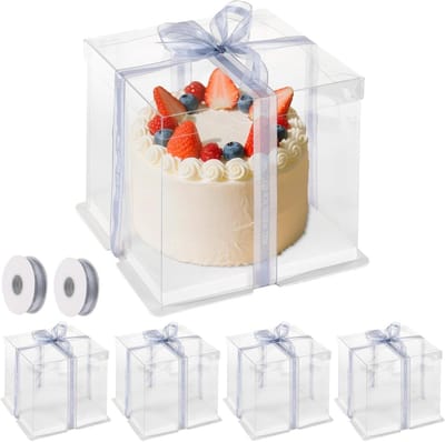 Set van 5 transparante taartdozen 21,5 x 21,5 x 24 cm met voet en band, ideaal voor bruiloften, verjaardagen en feestjes
