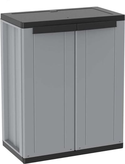 Tuinkast Buiten Kunststof – Compacte Tuinberging Weerbestendig – Verstelbaar Legbord – Afsluitbaar – 68 x 37.5 x 85 cm – Grijs/Zwart