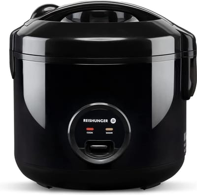Reishunger Basis Rijstkoker met warmhoudfunctie - Zwart - Voor 1-6 personen - Snelle bereiding zonder aanbranden - Keramische coating incl. stoominzet, lepel & maatbeker