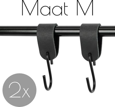 2x Leren S-haak hangers - Handles and more® | VINTAGE BLACK - maat M  (Leren S-haken - S haken - handdoekkaakje - kapstokhaak - ophanghaken)