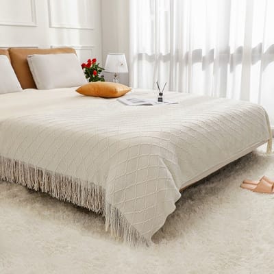 Gebreide decoratieve deken - gebreide deken met kwastjes - geschikt voor bank, stoel en bed - zacht, warm, comfortabel en licht (127cmX152cm) - Wit