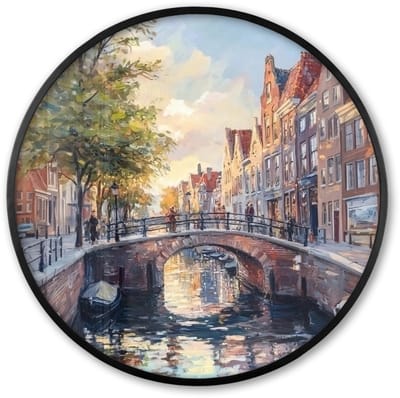Poster in lijst Rond - Fotolijst 60x60 cm - Posters - Brug - Stad - Huizen - Boot - Ronde posterlijst zwart - Decoratie - Wanddecoratie woonkamer - Muurdecoratie slaapkamer