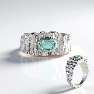 Cavill - Zilveren Ring met Paraiba Kleurige Ovale Smaragd 0 658 ct - 925 Sterling Zilver Geplatineerd - Elegant Golfpatroon Design - 23x22 mm