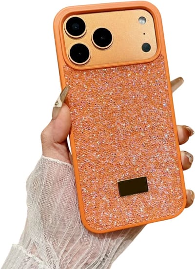 Bling Glitter Telefoonhoesje met Strass – Geschikt voor iPhone 17 - Veelkleurig Beschermhoesje, Camera Bescherming, Luxe Cover, Trendy Hoesje - ORANJE