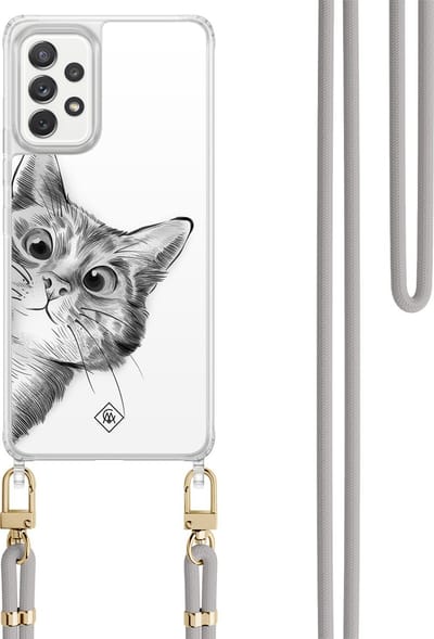 Casimoda® hoesje met koord - Geschikt voor Samsung A52(s) - Peekaboo Kat - Afneembaar koord - TPU/polycarbonaat - Grijs