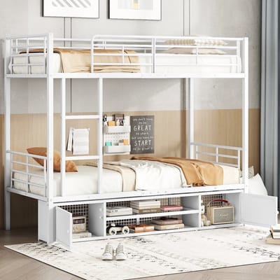 Sweiko Stapelbed - 90x200 cm - met schoenenrek - opbergkast - veiligheidsrails - ijzeren bed - wit