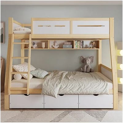 KOMHTOM Stapelbed 90 x 200 cm en 120 x 200 cm, met lades, boekenplank, hekjes en ladder, wit + naturelkleurig