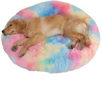 Kalmerend Hondenkussen, Fluffy Plush Ronde Hondendeken Kattendeken voor Bank Bed en Auto, Anti-Slip Onderkant, Wasbaar in de Wasmachine, Comfortabel Zacht en Lichtgewicht, Geschikt voor Kleine en Middelgrote Honden en Katten met Angst, v1 120 CM