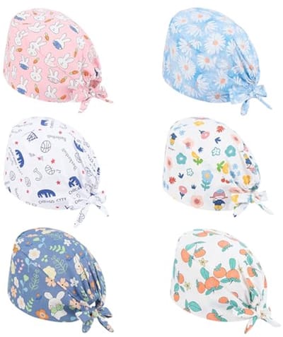 6-delige Scrub Caps Set, Unisex Operational Lace-up Caps met Knoop en Zweetband, Verstelbare Ziekenhuismuts voor Dames en Heren