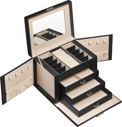 Sieradendoos 4 niveaus, sieradendoos met handvat, 3 lades, sieradendoos met spiegel, slot, sieraden opbergen voor op reis, modern, cadeau-idee, klassiek zwart JBC159B01