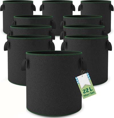 10x 22L Plantzakken - 300g/m² extra sterk PP vlies - ademend & luchtsnede - met stevige handgrepen voor tomaten, aardappelen, kruiden