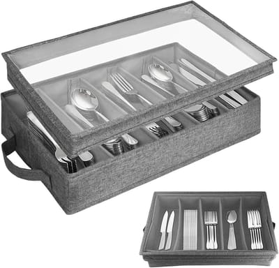 Bestekbak met deksel, afneembaar en 5 verstelbare vakken, 42,5 x 29 x 8 cm, waterafstotend, stofdicht, bestekbox, bestekorganizer, opbergdoos voor gebruiksvoorwerpen, mes, vork, lepel