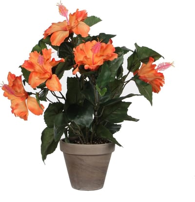 Mica Decorations Kunstplant Hibiscus - oranje - H40 x D30 cm - grijze pot - nepplant - Kunstplanten/nepplanten met bloemen