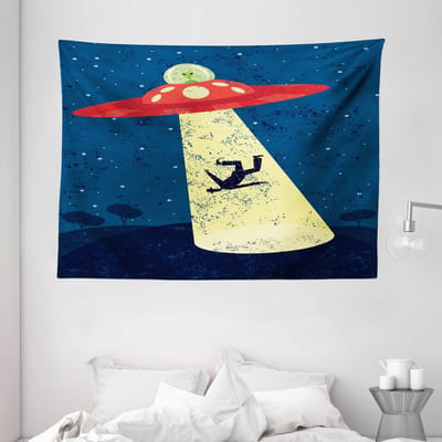 ABAKUHAUS Ruimtetapijt, verweerde afbeelding van een buitenaardse ontvoering van mensen, 230 x 140 cm, blauw en geel