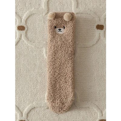 Chaussettes d'hiver pour femmes, mignonnes, en molleton de corail, motif ours, pour l'automne et l'hiver kaki