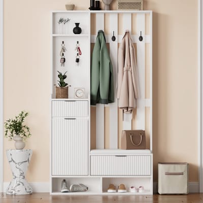 MODFU - Kapstok Met Schoenenbank En Opbergruimte - 8 Haken - Hal - Spaanplaat - Wit - 100 X 30 X 180 Cm