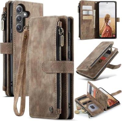 CaseMe – Telefoonhoesje geschikt voor Samsung Galaxy S24 FE – Wallet Rits Book Case – Magnetische Sluiting & Portemonnee – PU Leer – Bruin