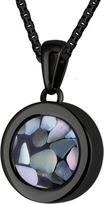 Quiges 12mm Mini Munt Hanger Zwart RVS Schroefsysteem Glans met Schelp Grijze Vlokjes Munt en Anker Ketting 42-46cm