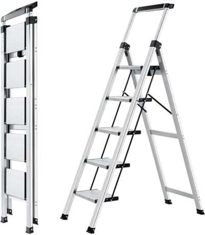5 treden ladder - Trapladder vouwladder - Klusklare oplossingen - Met gereedschapsbak - 150 kg belastbaar - Aluminium