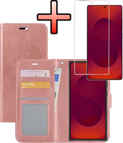 Hoesje - Met Screenprotector - Geschikt voor Samsung Galaxy S25 Ultra - Luxe Pasjeshouder - Bookcase Portemonee - Flip Case - Kunstleer Book Case - Flipcase - Book Cover - Walletcase - Portemonneehoes - Rosé goud