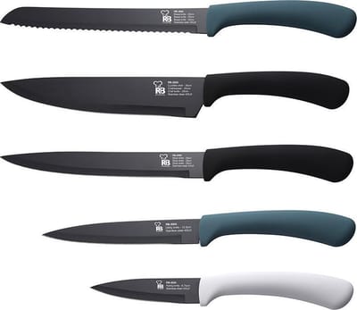 Renberg 5-delige Messenset – Color Slice 1 Met trendy handvatten zwart, blauw en wit.