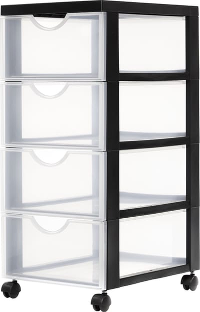 IRIS Easygrip Chest ladekast - 4 lades x 11,25L - Kunststof - Zwart/Transparant - Met wieltjes