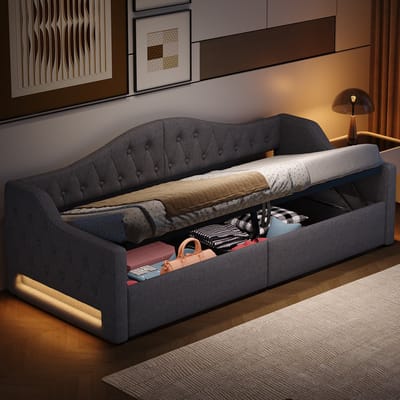 DESMIU Bedbank 90x200 cm – Ledverlichting Aan Beide Zijden – Opbergruimte Onder Het Bed – Voor Logeer- Of Tienerkamer – Linnenlook – Grijs – Zonder Matras