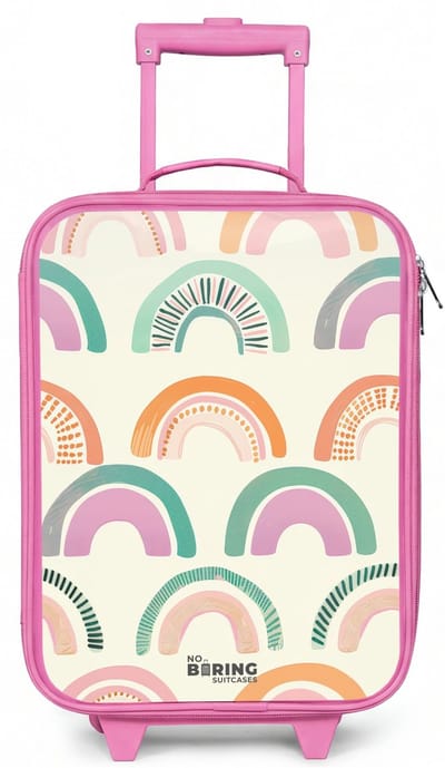 NoBoringSuitcases.com® - Kinderkoffer roze - Kindertrolley meisje - Regenbogen - Koffer kind lichtgewicht - Reiskoffer trolley voor kinderen - Koffertje met lichtgevende wieltjes - Rolkoffer