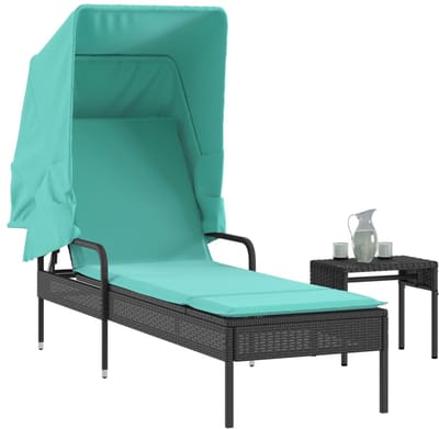 vidaXL - Ligstoel - met - luifel - en - tafel - zwart - poly - rattan