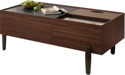 Salontafel - Modern - met Marmerlook en Lades - Glazen Blad en Metaal - Hout - Donkerbruin