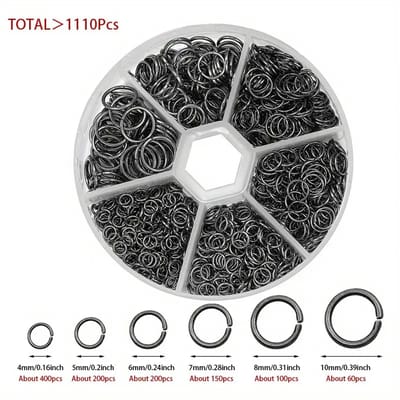 MGM Ttrading - 1110st DIY Sieraden Oorbel Accessoires Gun Zwart 4/5/6/7/8/10mm Enkele Lus Hangende Ring Springring IJzeren Ring Ornament Open Ring Ronde Ring Oorbel Ketting Materiaal in Doos, Springringen voor Sieraden Maken