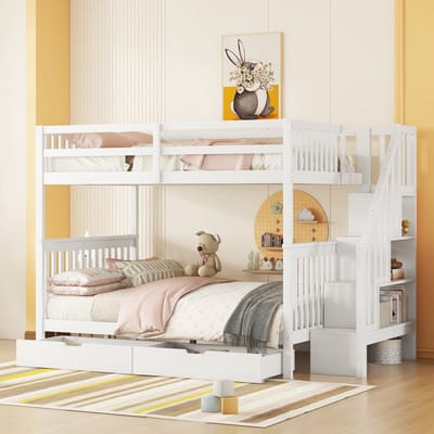 Stapelbed met opbergtrap en twee lades - 140x200 cm - Wit - Hoge veiligheidsreling - Geschikt voor kinderkamer en logeerpartijen